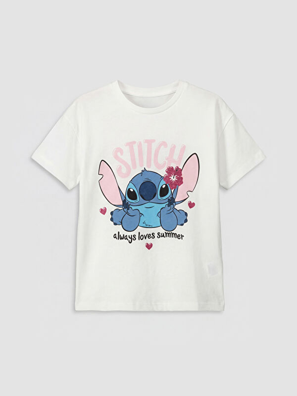 LCW Kids Bisiklet Yaka Lilo & Stitch Baskılı Kız Çocuk Tişört