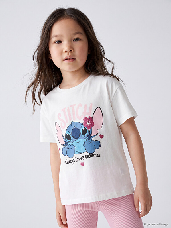 LCW Kids Majica sa okruglim izrezom Lilo & Stitch štampana majica za devojčice
