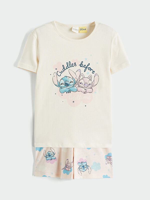 LCW Kids stitch ve Angela Baskılı Kız Çocuk Şortlu Pijama Takımı
