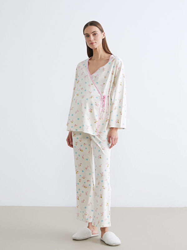 LCW DREAM Kruvaze Yaka Çiçekli Hamile Pijama Takım