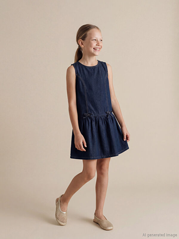 LCW Kids Fiyonk Detaylı Kız Çocuk Jean Elbise