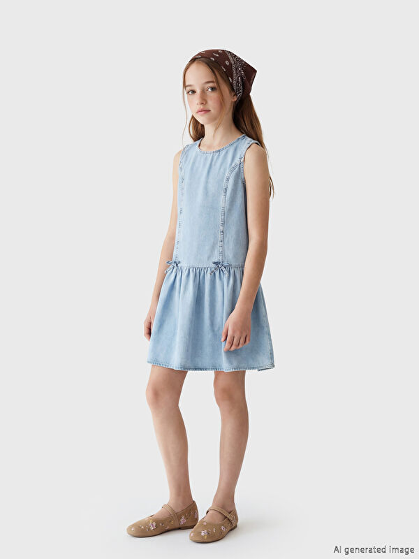 LCW Kids Fiyonk Detaylı Kız Çocuk Jean Elbise