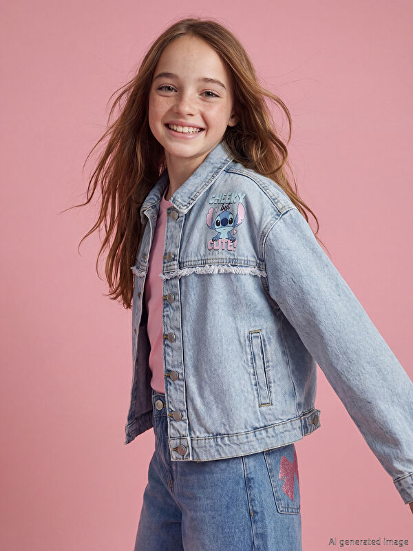 LCW Kids Stitch Baskılı Kız Çocuk Jean Ceket