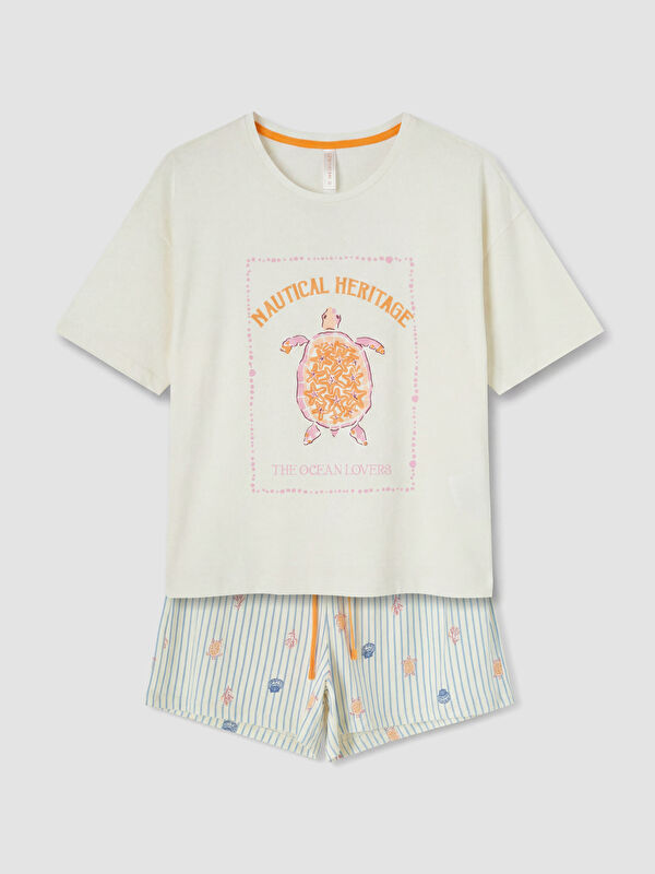 LCW DREAM Bisiklet Yaka Baskılı Kadın Şortlu Pijama Takımı