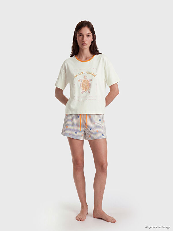 LCW DREAM Bisiklet Yaka Baskılı Kadın Şortlu Pijama Takımı