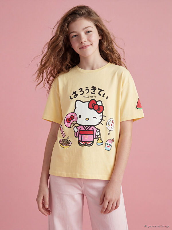 LCW Kids Hello Kitty Baskılı Bisiklet Yaka Kız Çocuk Tişört