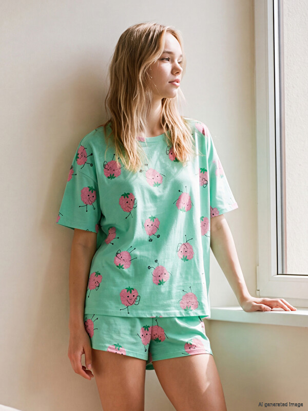 LCW Young Bisiklet Yaka Desenli Kadın Pijama Takımı