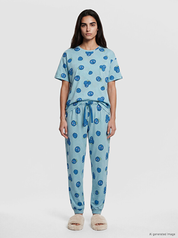 LCW Young Bisiklet Yaka Desenli Kadın Pijama Takımı