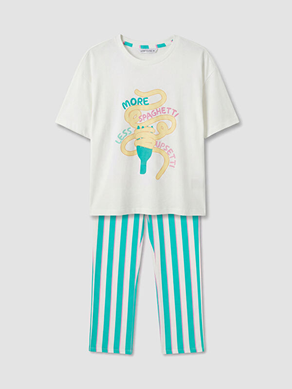 LCW Young Bisiklet Yaka Baskılı ve Çizgili Kadın Pijama Takım