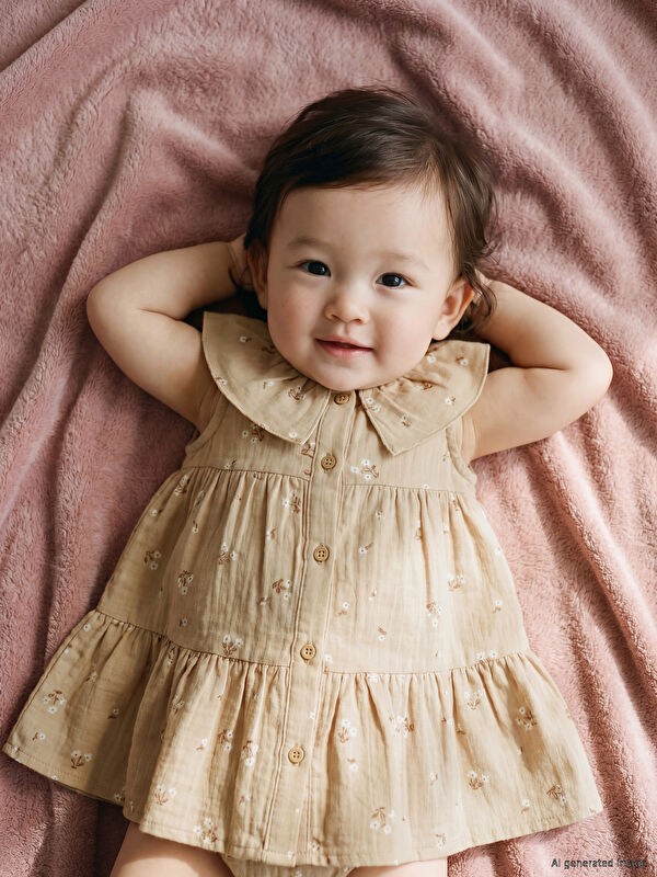 LCW baby Bebe Yaka Çiçek Desenli Kız Bebek Müslin Elbise