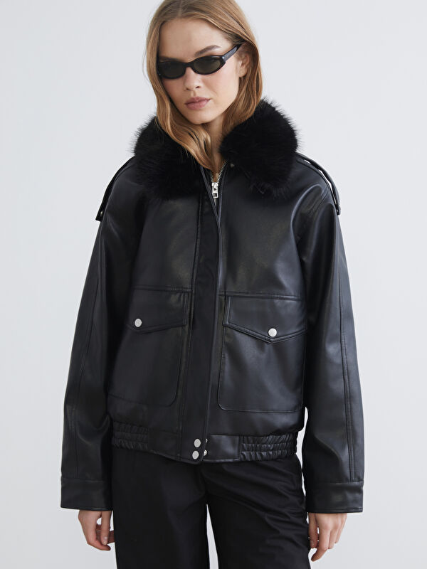 XSIDE Fur Collar Women's Faux Leather Jacket