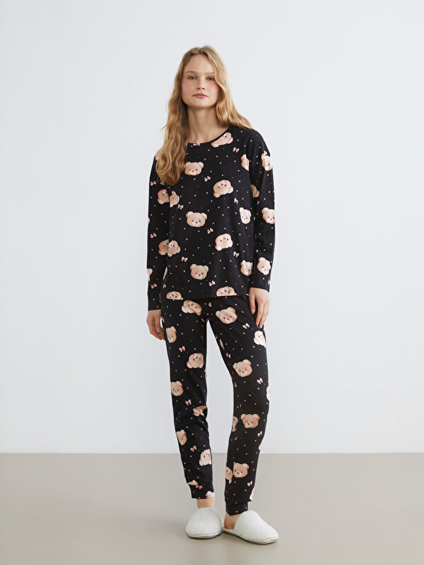 LCW Young Bisiklet Yaka Ayı Baskılı Kadın Pijama Takımı