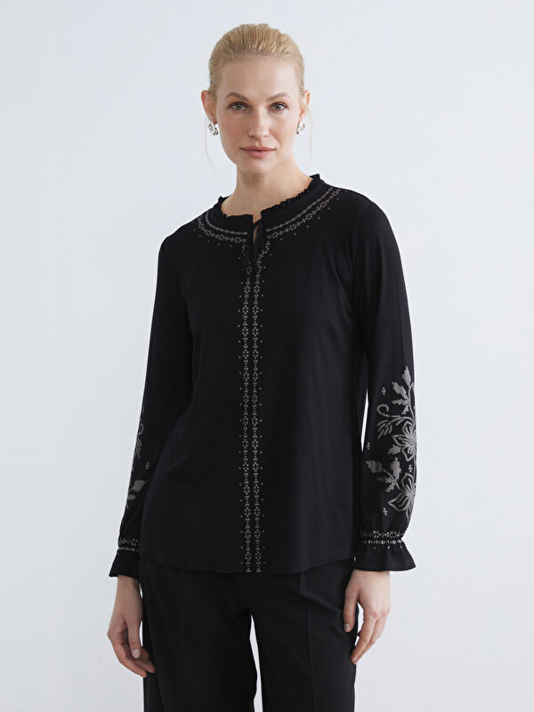 LCW Grace Tie Neck Frilled Patterned Blouse