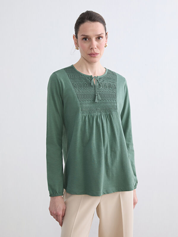 LCW Grace Tie Neck Embroidered Blouse