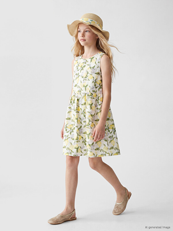 LCW Kids Bisiklet Yaka Baskılı Kız Çocuk Poplin Elbise