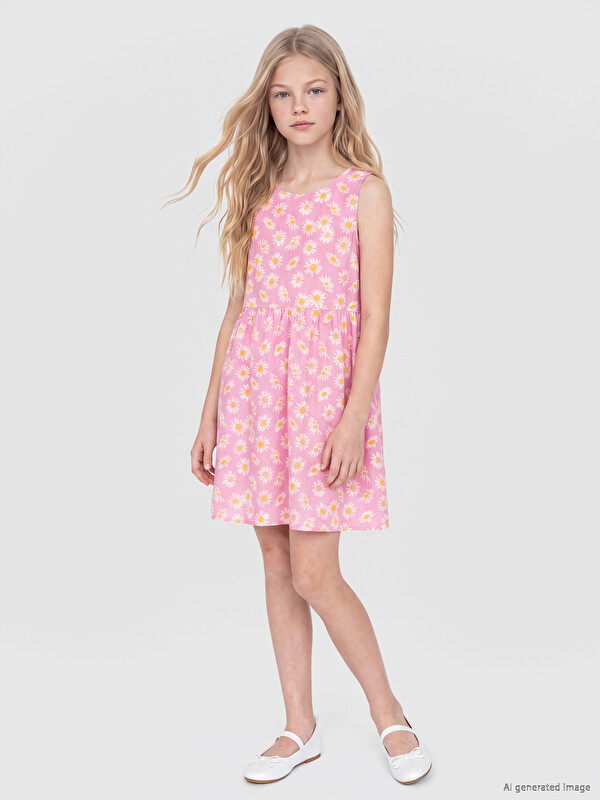 LCW Kids Crew Neck Floral Girls' Poplin Dress