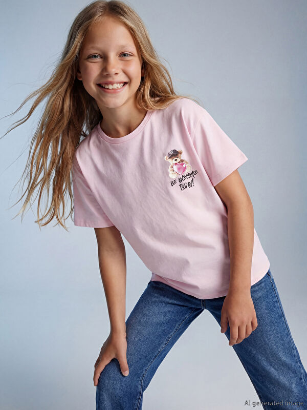LCW Kids Bisiklet Yaka Baskılı Kız Çocuk Tişört
