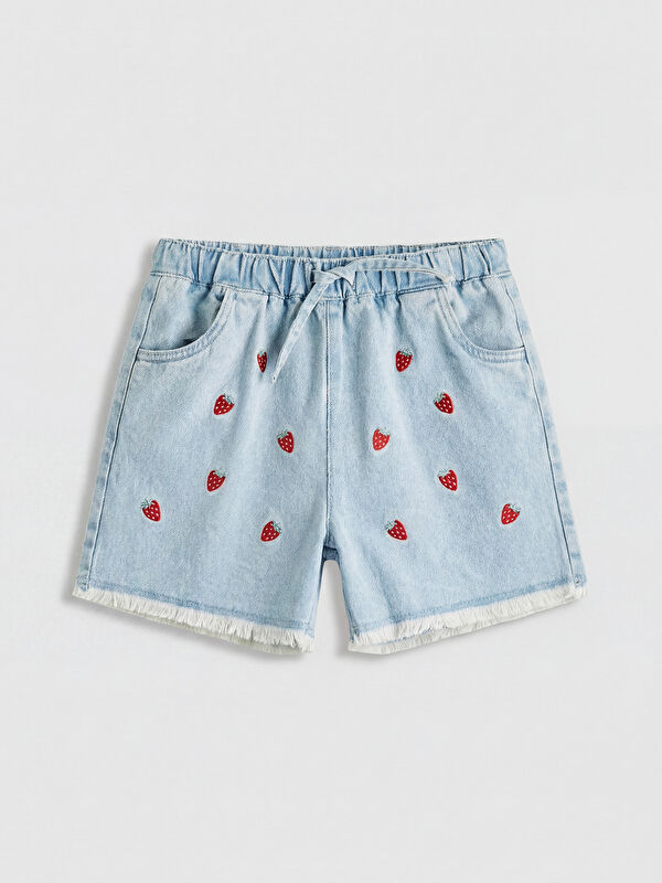 LCW Kids Elastic Waist Strawberry Embroidered Girls' Denim Shorts