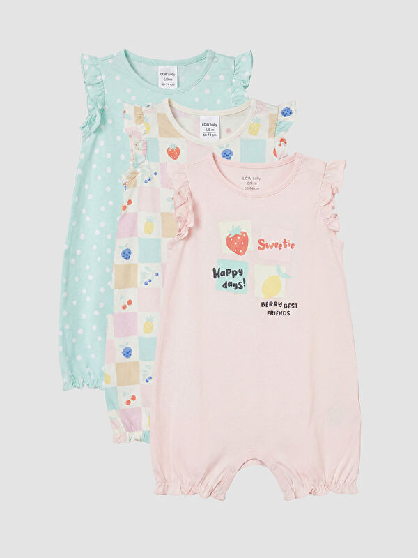 LCW baby Bisiklet Yaka Baskılı Kız Bebek Tulum 3'lü
