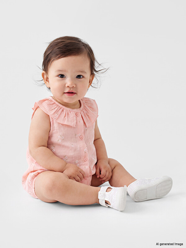 LCW baby Ruffled Peter Pan Collar Printed Baby Girls' Muslin Jumpsuit