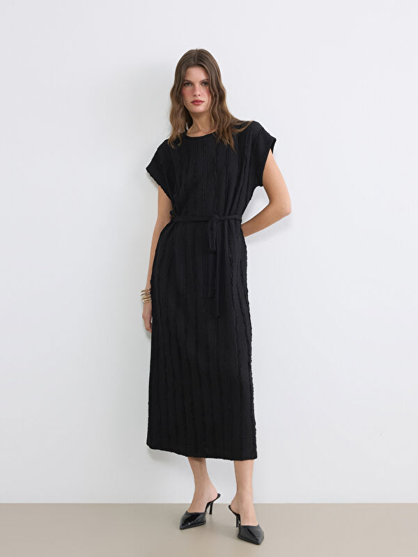 LCW EVERYDAY Crew Neck Textured Sash Dress