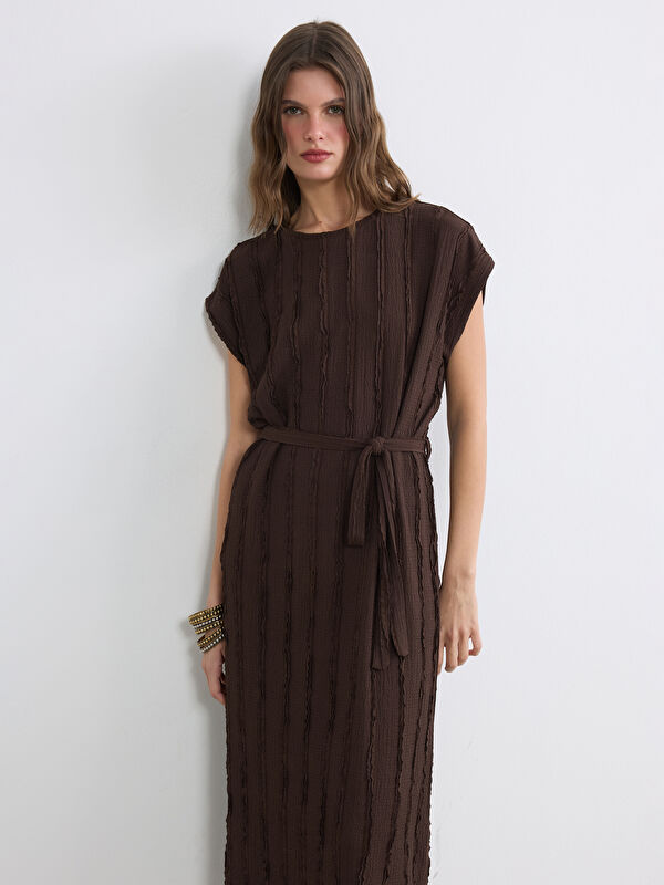 LCW EVERYDAY Crew Neck Textured Sash Dress