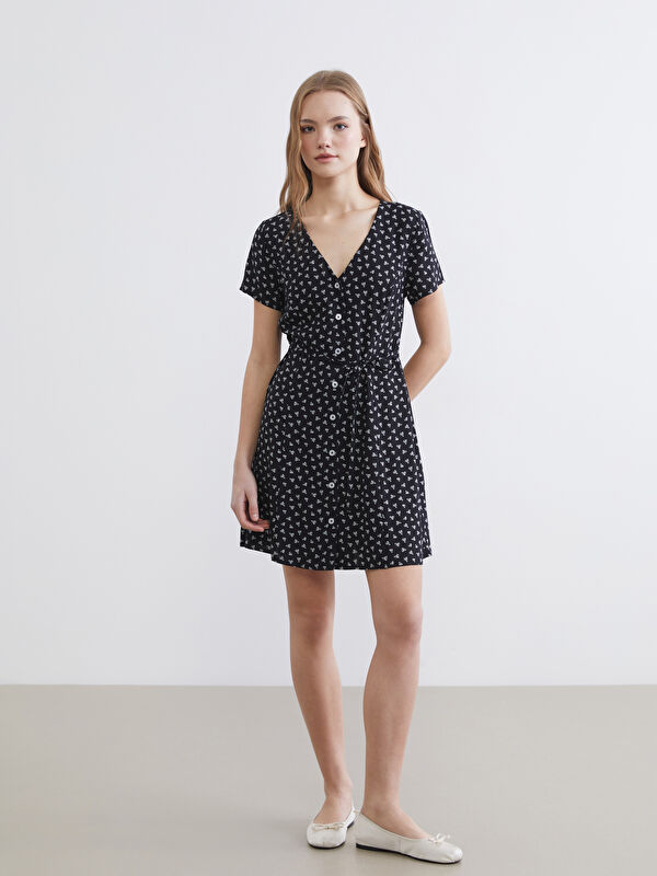 XSIDE V Neck Patterned Women's Mini Dress with Sash