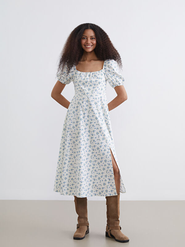 XSIDE Square Neck Floral Slit Detail Poplin Dress