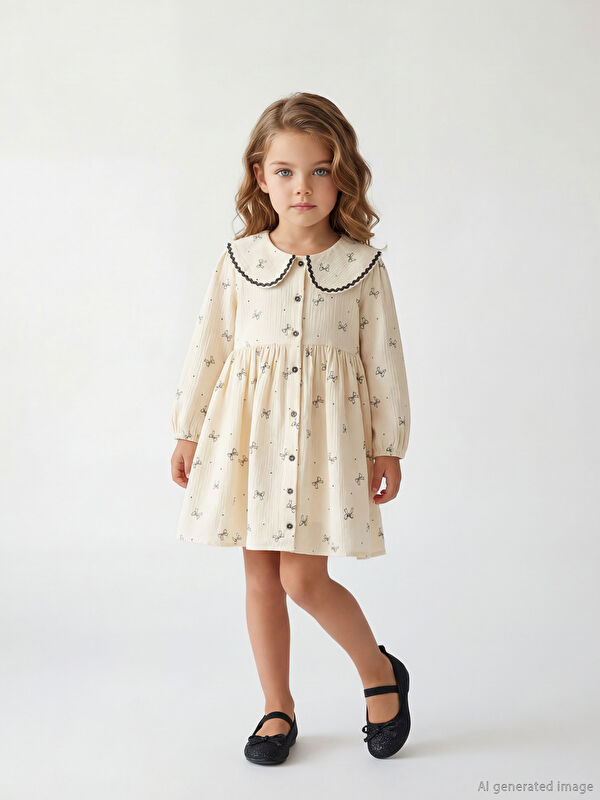 LCW Kids Bebe Yaka Fırfırlı Kız Çocuk Müslin Elbise