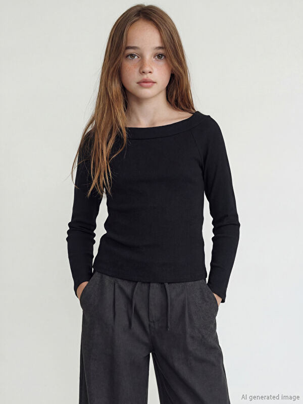 LCW Kids Kayık Yaka Kız Çocuk Fitilli Tişört