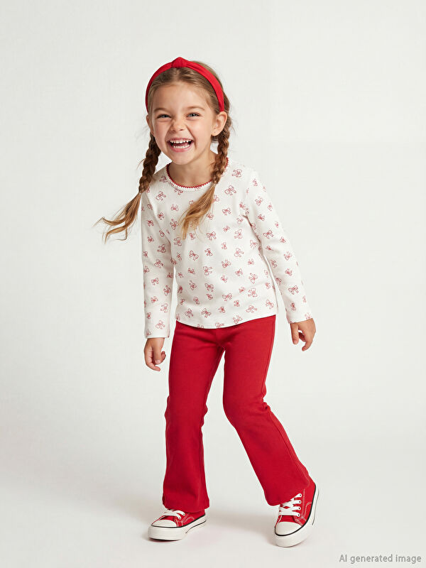 LCW Kids Kurdele Baskılı Kız Çocuk Fitilli Bluz ve Tayt