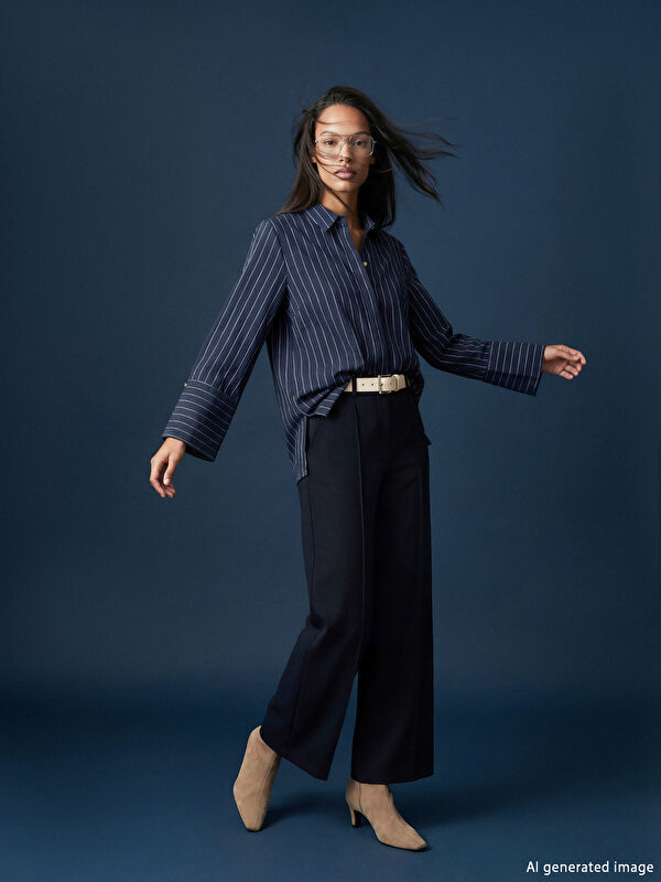 LCW STUDIO Wide-leg women's trousers with stitched detailing.