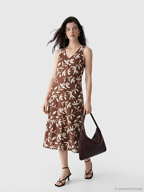 LCW Comfort V Neck Leaf Patterned Dress