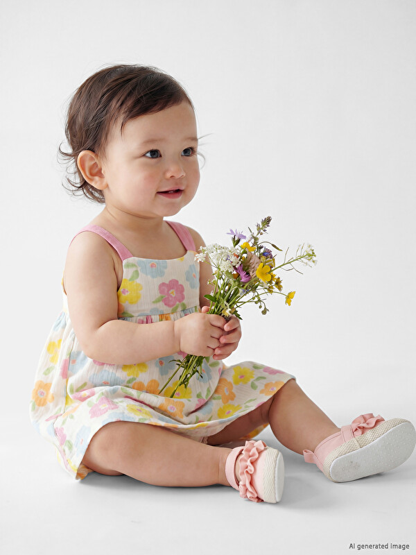 LCW baby Kare Yaka Çiçek Desenli Kız Bebek Elbise