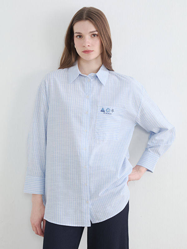LCW Modest Çizgili Oversize Poplin Kadın Gömlek Tunik
