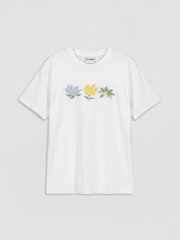 LCW Kids Crew Neck Flower Embroidered Girls' T-Shirt
