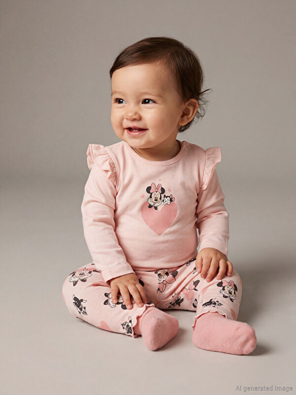 LCW baby Bisiklet Yaka Minnie Mouse Baskılı Kız Bebek Çıtçıtlı Body ve Tayt