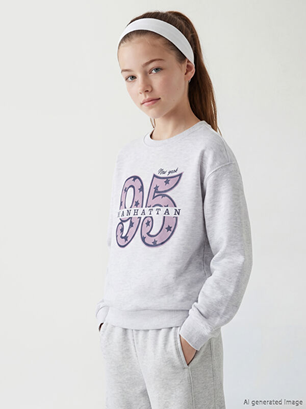 LCW Kids Bisiklet Yaka New York Baskılı Kız Çocuk Kalın Sweatshirt