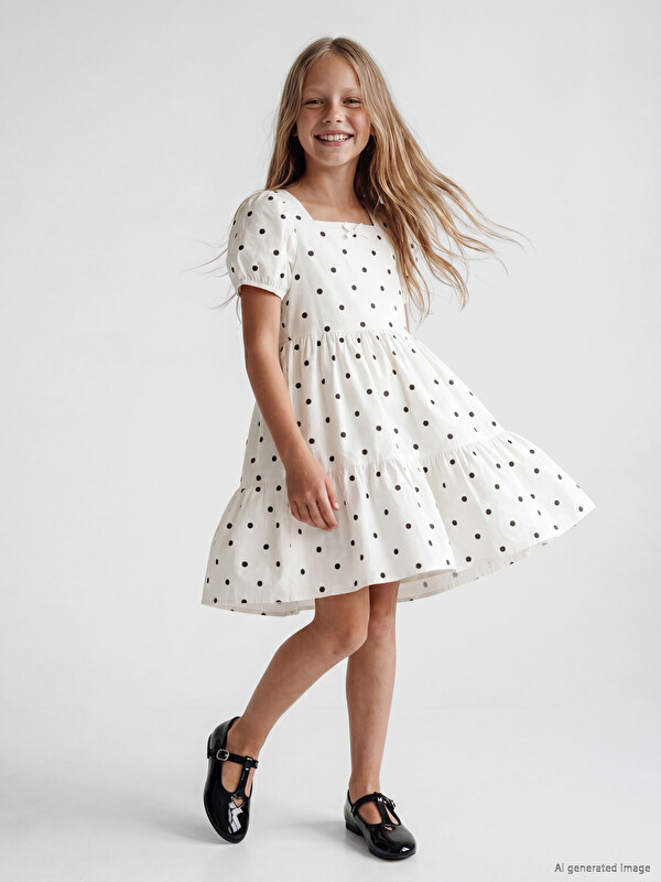 LCW Kids Square Neck Bow Polka Dot Girls' Dress