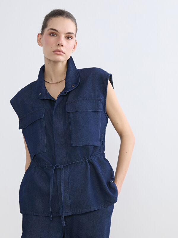 LCW Vision Collared Neck Gathered Women's Denim Waistcoat