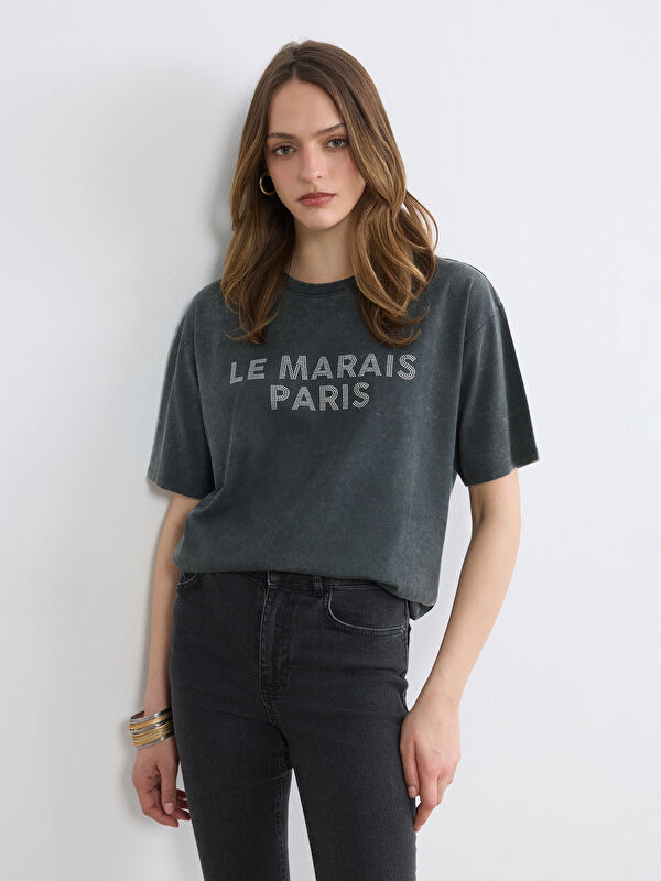 LCW Vision Paris Baskılı Taşlı Oversize Kadın Tişört