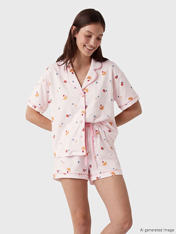 LCW DREAM Gömlek Yaka Baskılı Kadın Şortlu Pijama Takımı