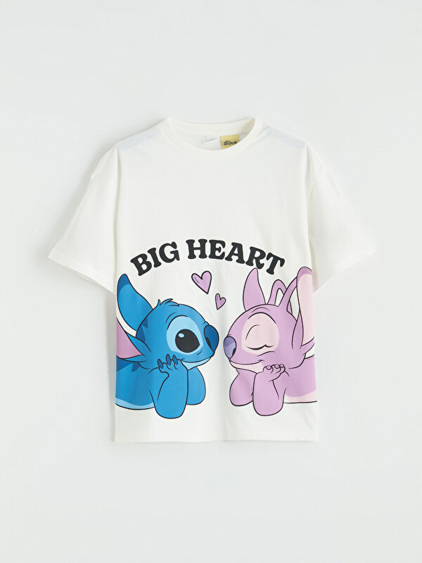 LCW Kids Bisiklet Yaka Stitch ve Angel Baskılı Kız Çocuk Tişört