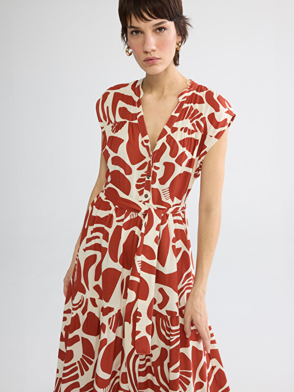 LCW Vision Notch Neck Patterned Women's Sash Layered Dress