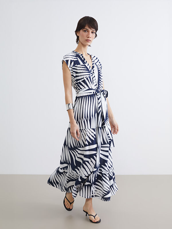 LCW Vision Notch Neck Patterned Women's Sash Layered Dress