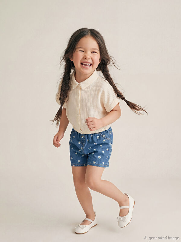 LCW Kids Çiçek Desenli Kız Çocuk Jean Şort