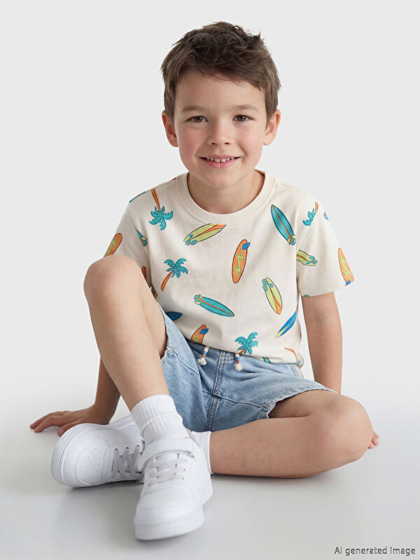 LCW Kids Bisiklet Yaka Desenli Erkek Çocuk Tişört