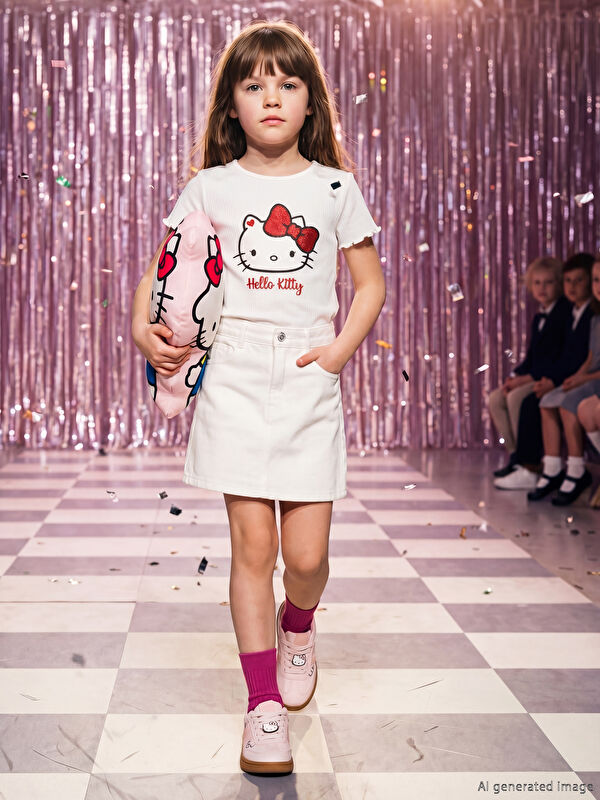 LCW Kids Hello Kitty Baskılı Kız Çocuk Fitilli Tişört
