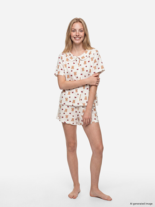 LCW Young Peter Pan Collar Teddy Bear Printed Women's Shorts Pyjamas Set