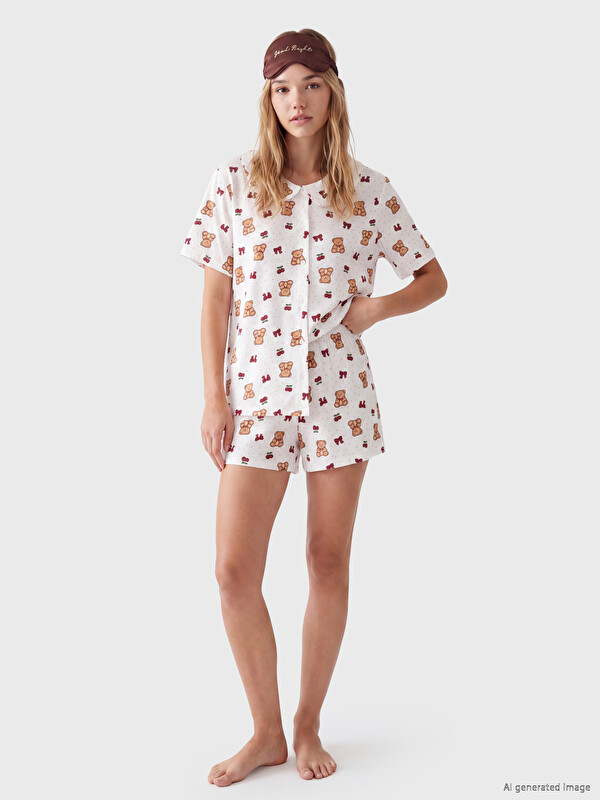 LCW Young Peter Pan Collar Teddy Bear Printed Women's Shorts Pyjamas Set